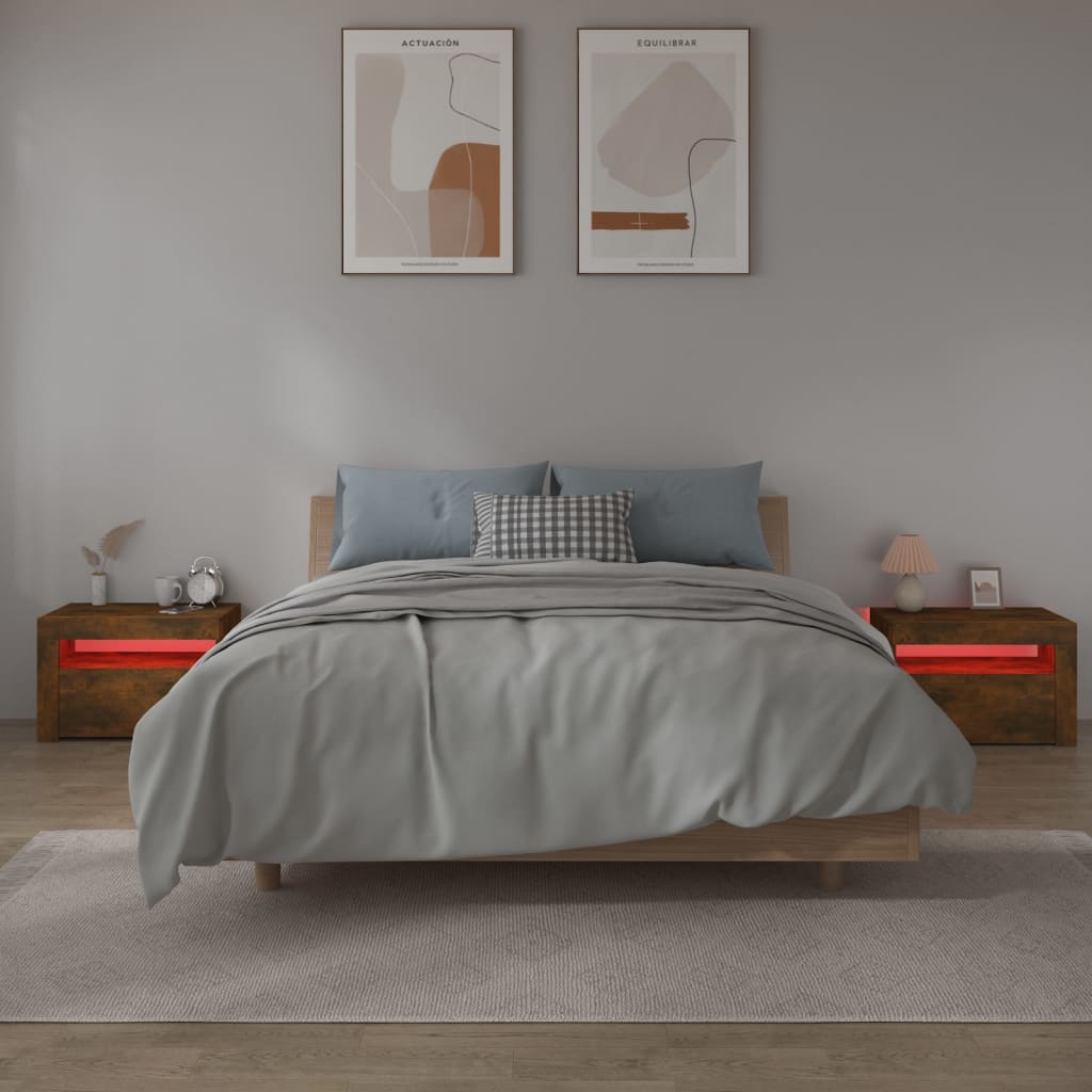Noční Stolky 2 Ks S Led Osvětlením Kouřový Dub 60 X 35 X 40 Cm