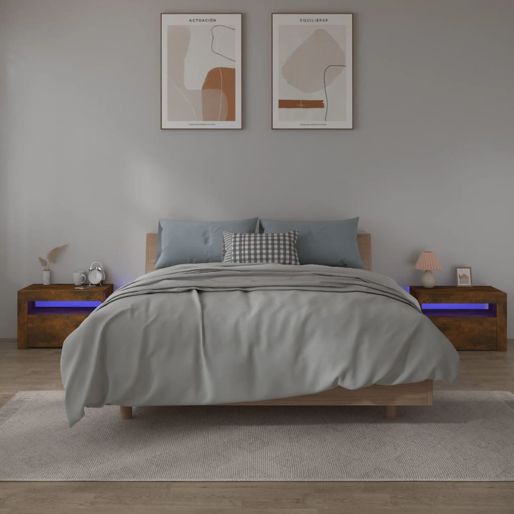 Noční Stolky 2 Ks S Led Osvětlením Kouřový Dub 60 X 35 X 40 Cm