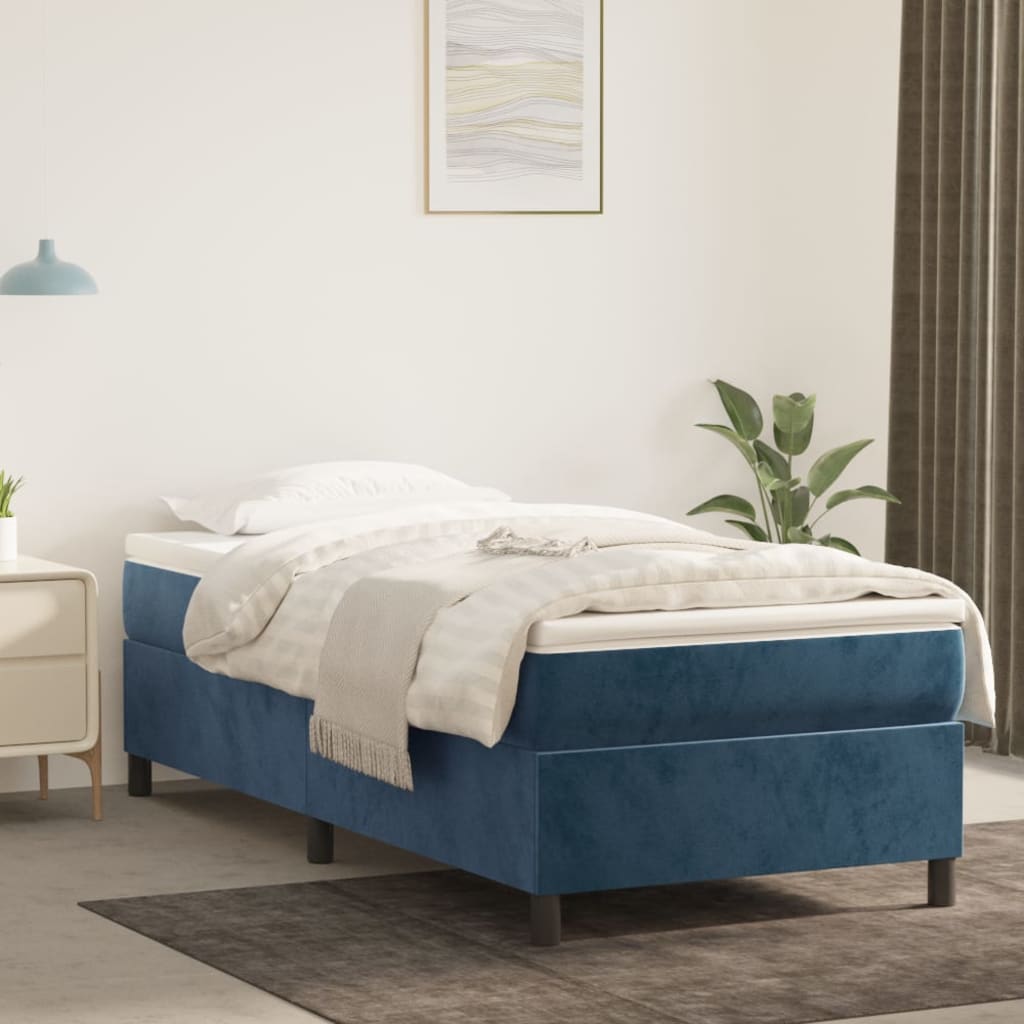 Box Spring Postel S Matrací Tmavě Modrá Samet Tmavě Moddrá