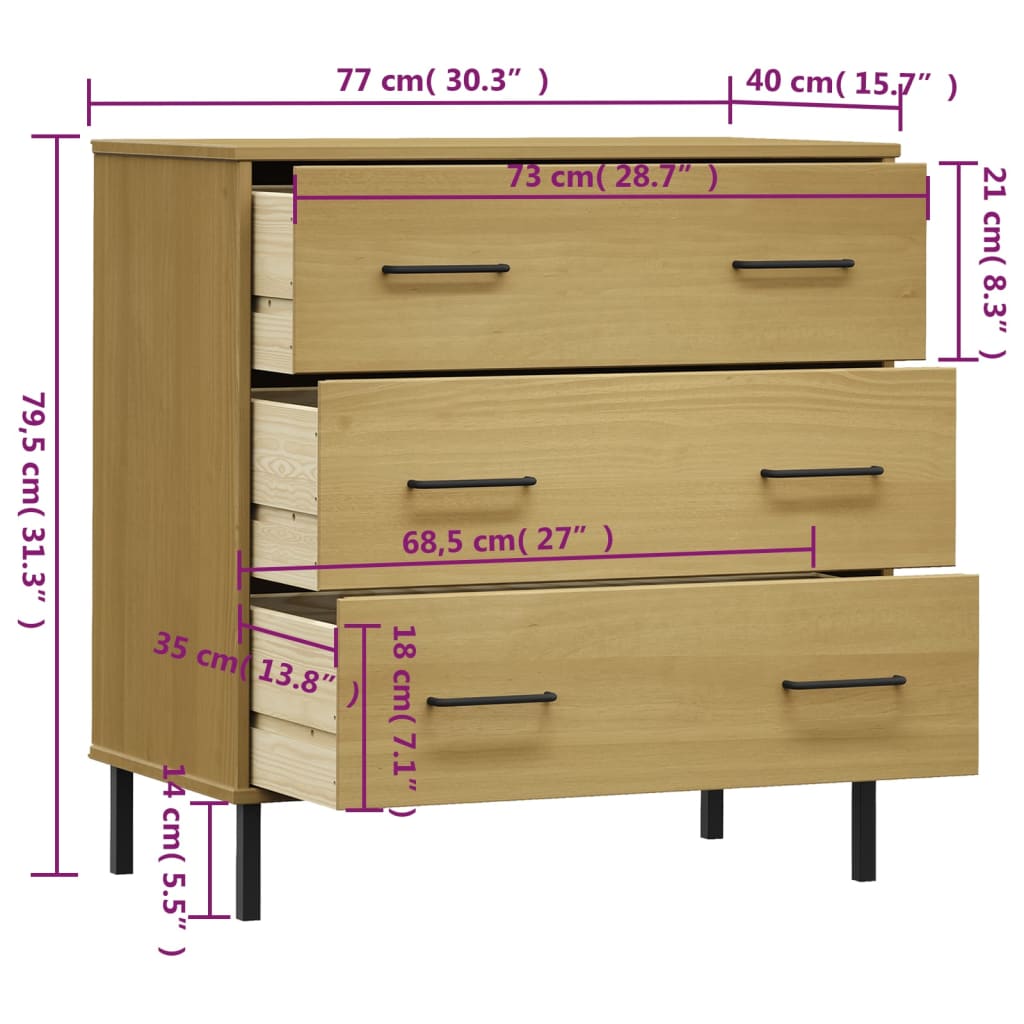 Příborník Se 3 Zásuvkami Hnědý 77X40X79,5 Cm Masivní Dřevo Oslo