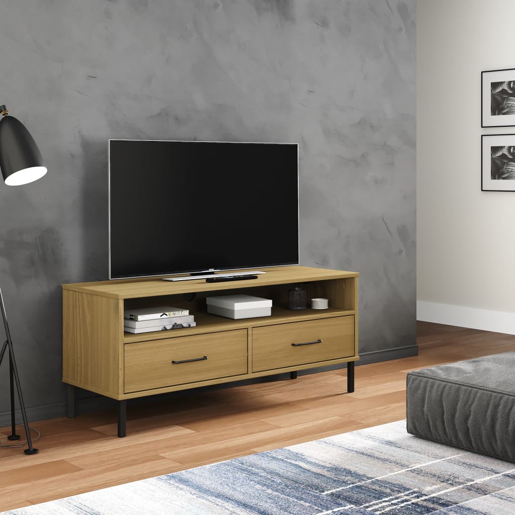 Tv Skříňka S Kovovými Nohami Masivní Borové Dřevo Oslo