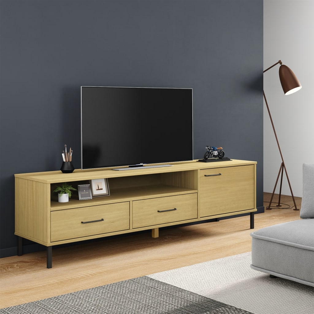 Tv Skříňka S Kovovými Nohami Šedá Masivní Borové Dřevo Oslo