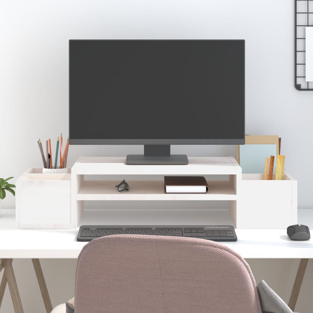 Stojan Na Monitor Bílý 100X27,5X15 Cm Masivní Borové Dřevo