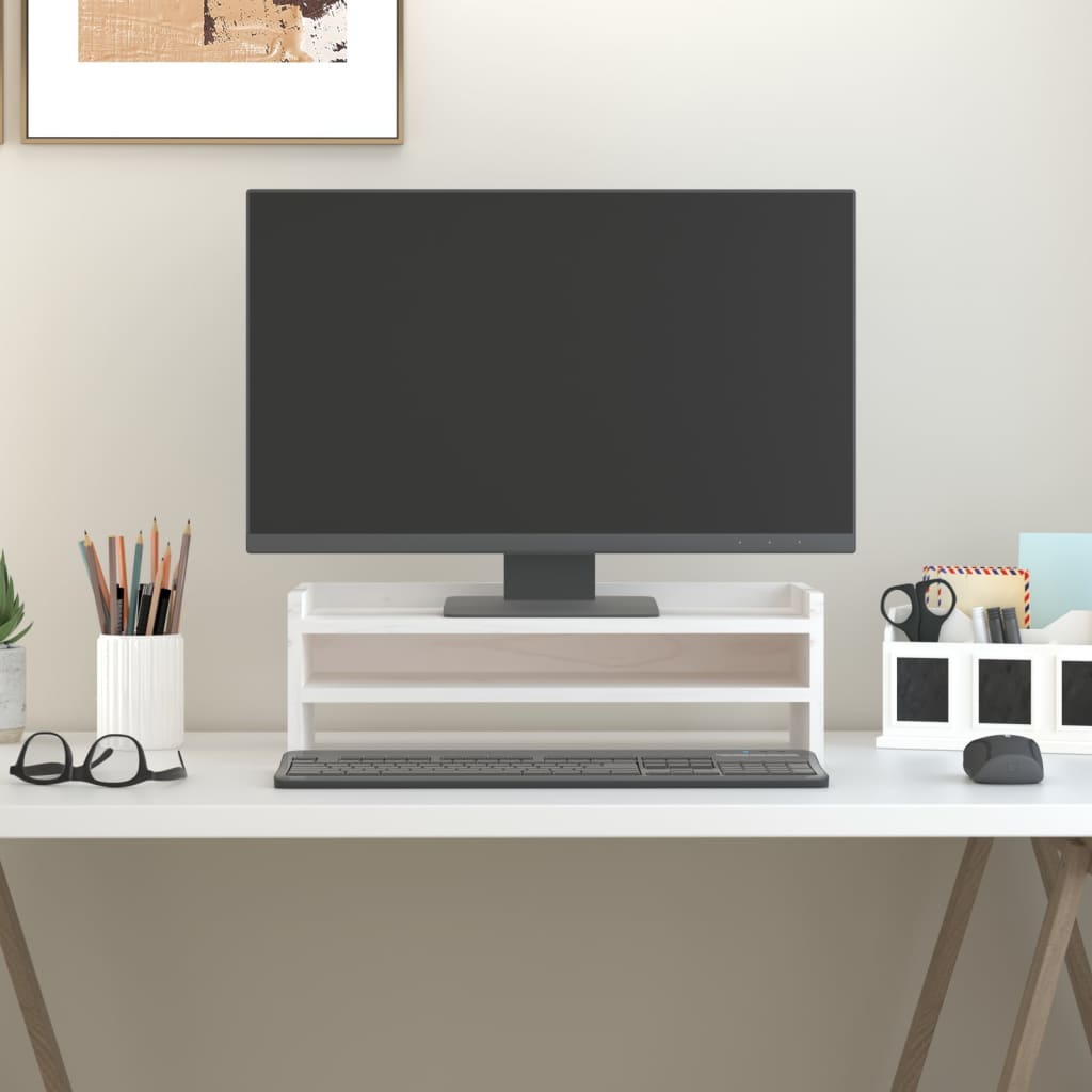 Stojan Na Monitor Bílý 100 X 24 X 16 Cm Masivní Borové Dřevo