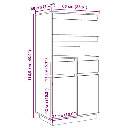 Skříň Highboard Šedá 60 X 40 X 116,5 Cm Masivní Borové Dřevo