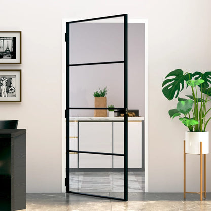 Interiérové Dveře Černé 76X201,5 Cm Tvrzené Sklo A Hliník Úzké Černá A Průhledná