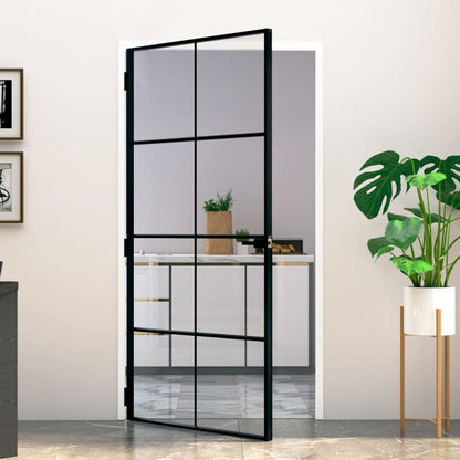 Interiérové Dveře Černé 76X201,5 Cm Tvrzené Sklo A Hliník Úzké Černá A Průhledná