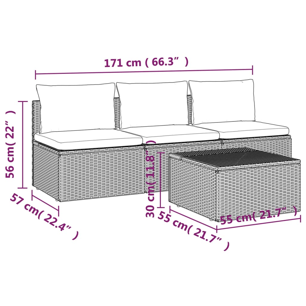 4Dílná Zahradní Sedací Souprava S Poduškami Šedá Polyratan