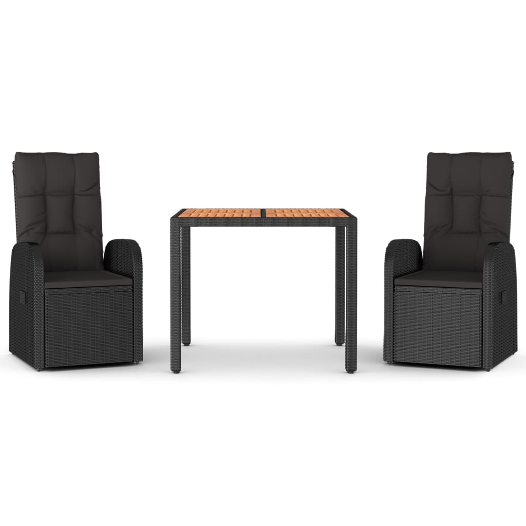 3Dílný Zahradní Jídelní Set S Poduškami Černý Polyratan