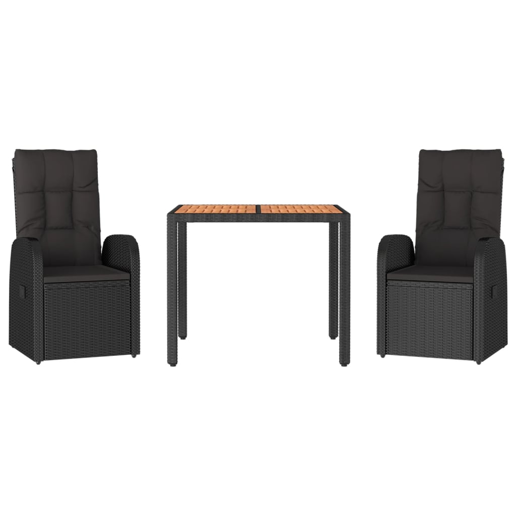 3Dílný Zahradní Jídelní Set S Poduškami Černý Polyratan
