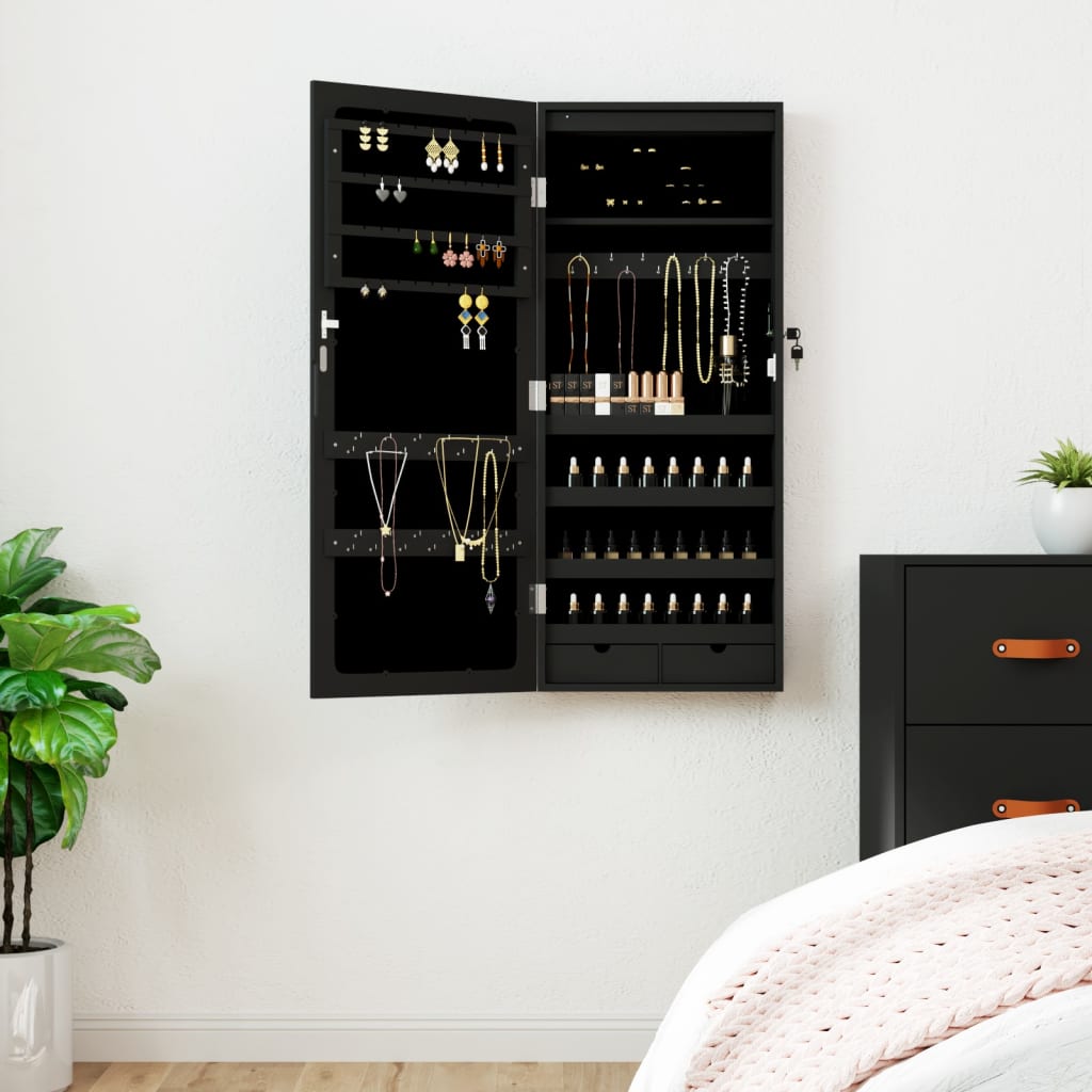 Zrcadlová Šperkovnice S Led Světly Nástěnná Černá