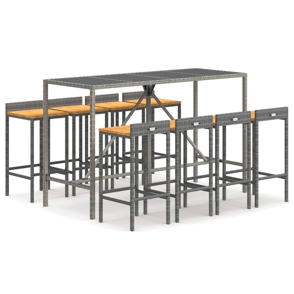 9Dílný Zahradní Barový Set Šedý Polyratan A Masivní Akácie