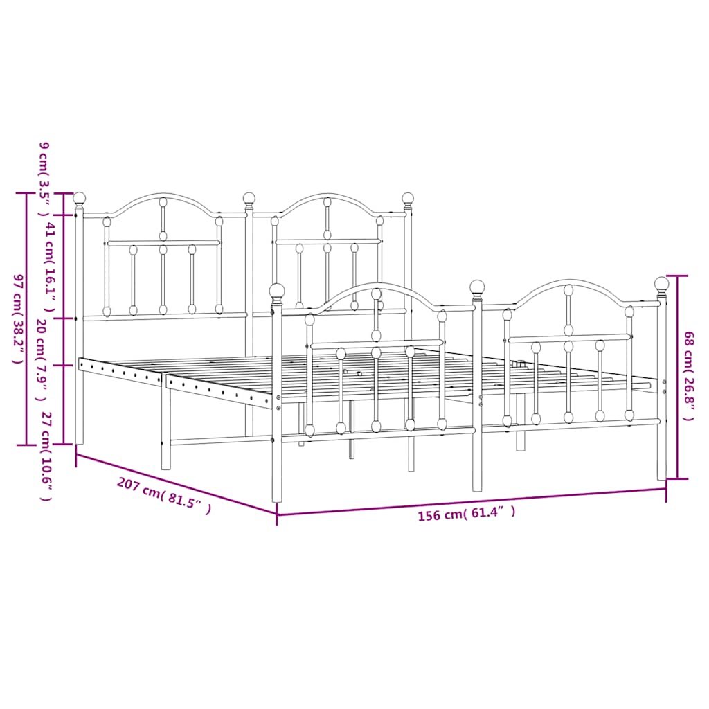 Kovový Rám Postele S Hlavovým A Nožním Čelem Bílý 150 X 200 Cm