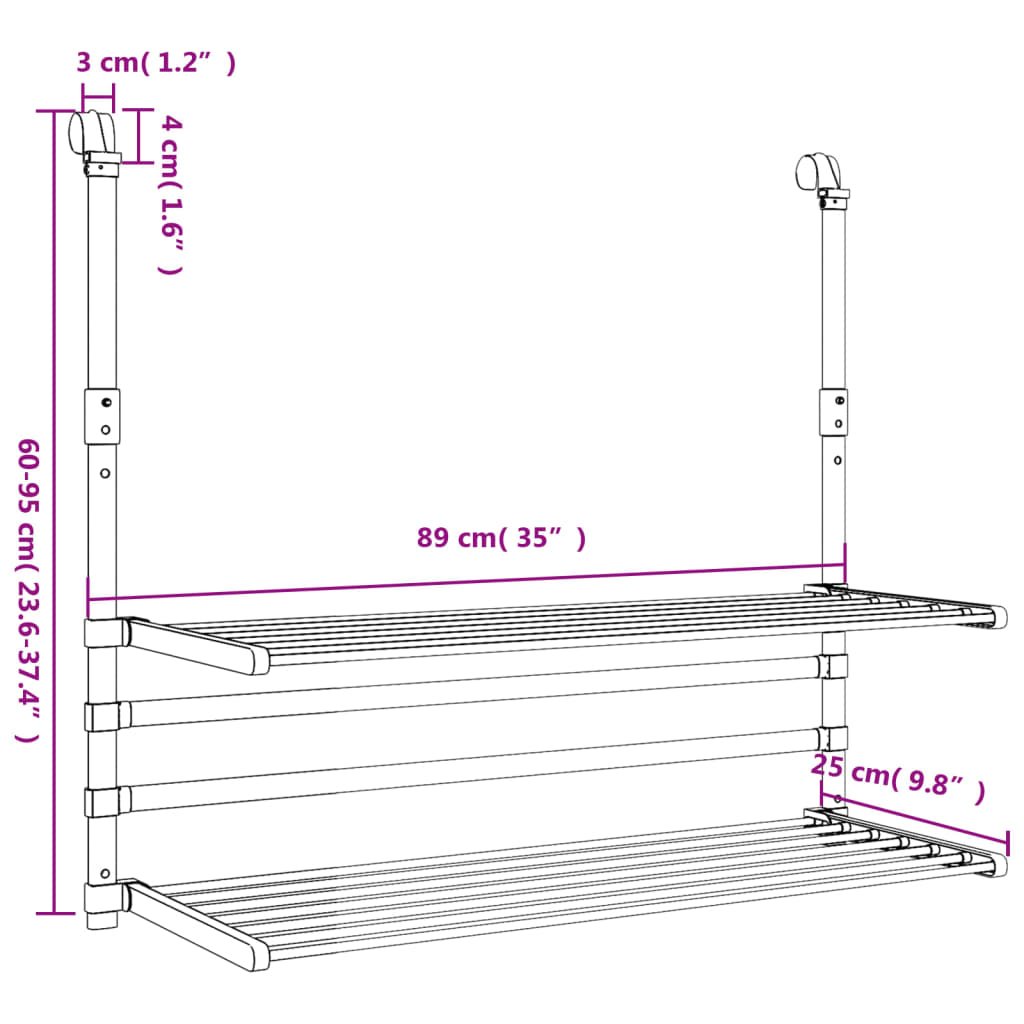 Sušák Na Prádlo Na Balkon 89 X 25 X (60–95) Cm Hliník