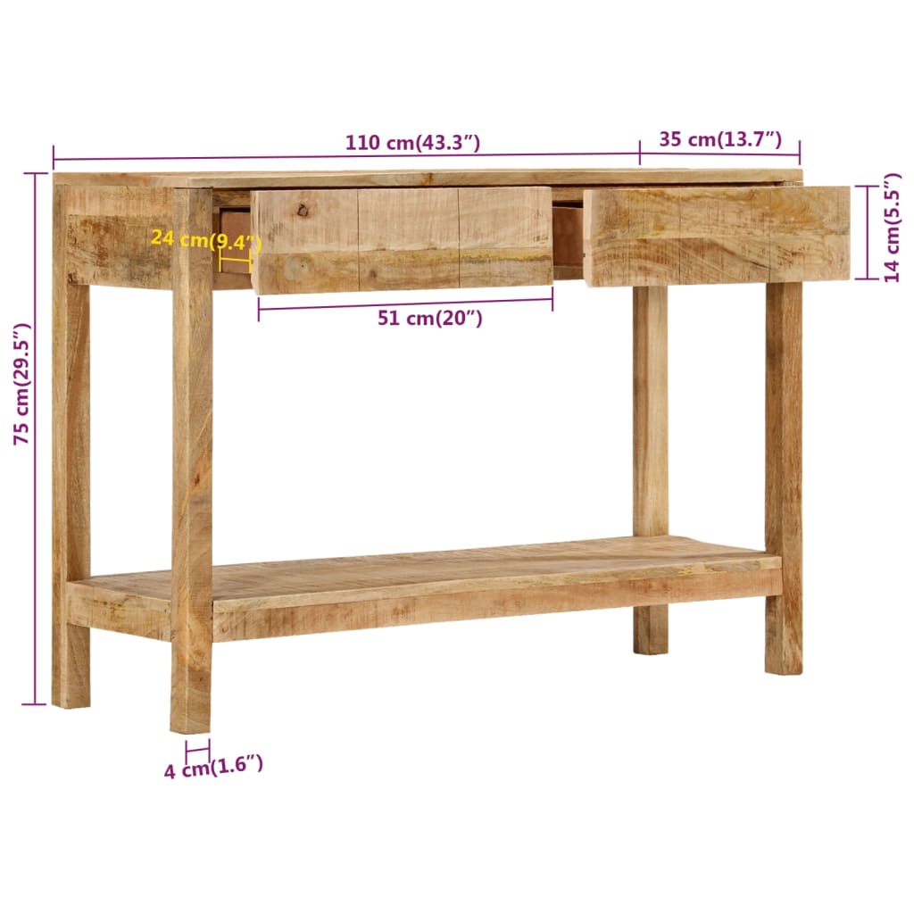 Konzolový Stolek Se 2 Zásuvkami 110X35X75 Cm Masivní Mangovník