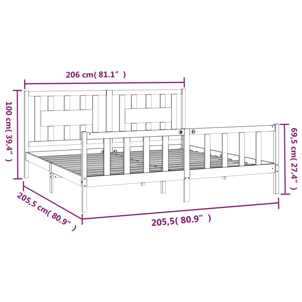 Rám Postele S Čelem Černý Masivní Borové Dřevo 200 X 200 Cm