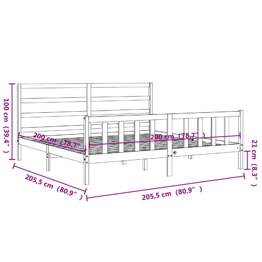 Rám Postele S Čelem Černý 200 X 200 Cm Masivní Dřevo