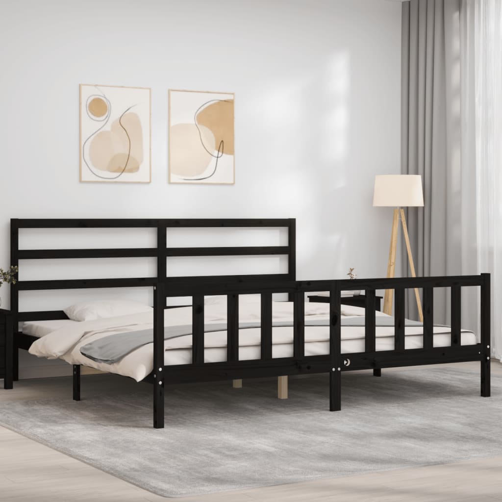 Rám Postele S Čelem Černý 200 X 200 Cm Masivní Dřevo