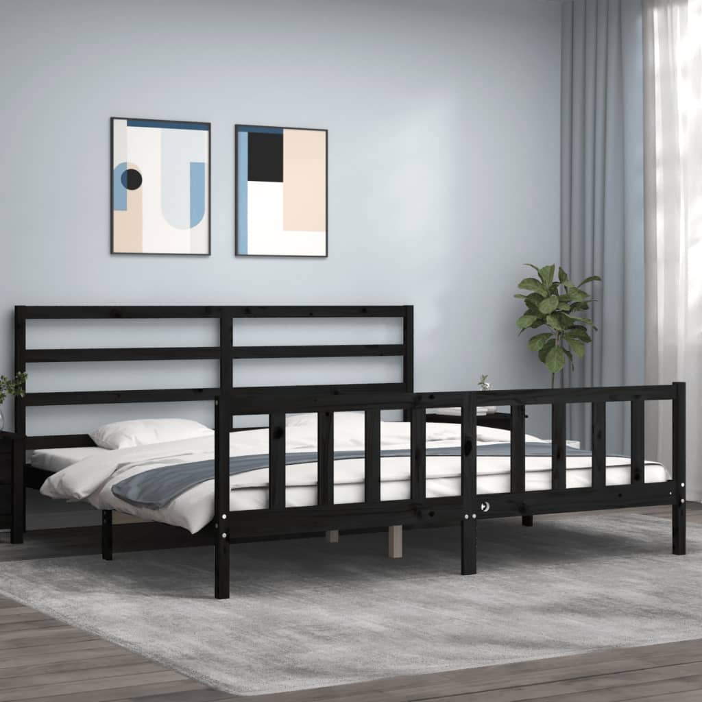 Rám Postele S Čelem Černý 200 X 200 Cm Masivní Dřevo