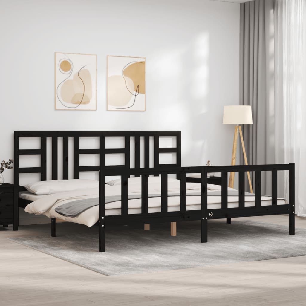 Rám Postele S Čelem Černý 200 X 200 Cm Masivní Dřevo