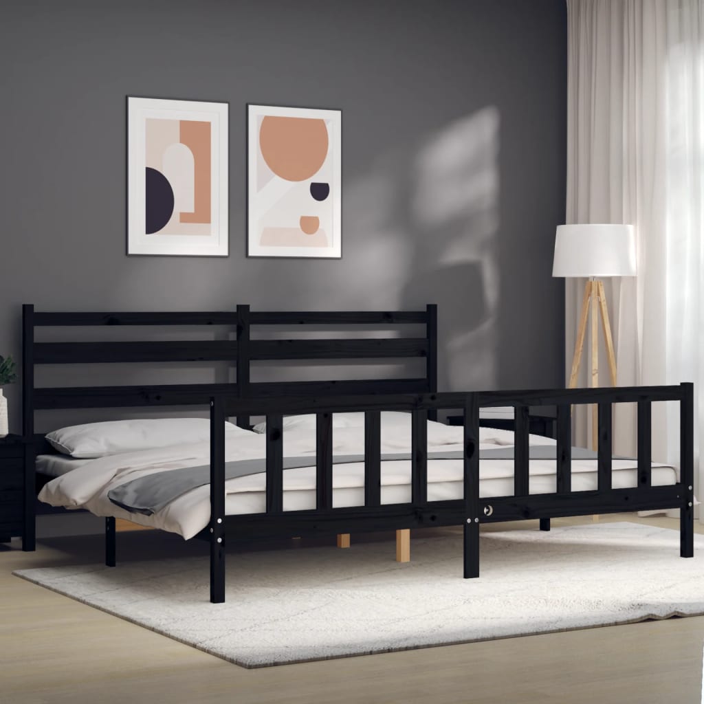 Rám Postele S Čelem Černý 200 X 200 Cm Masivní Dřevo
