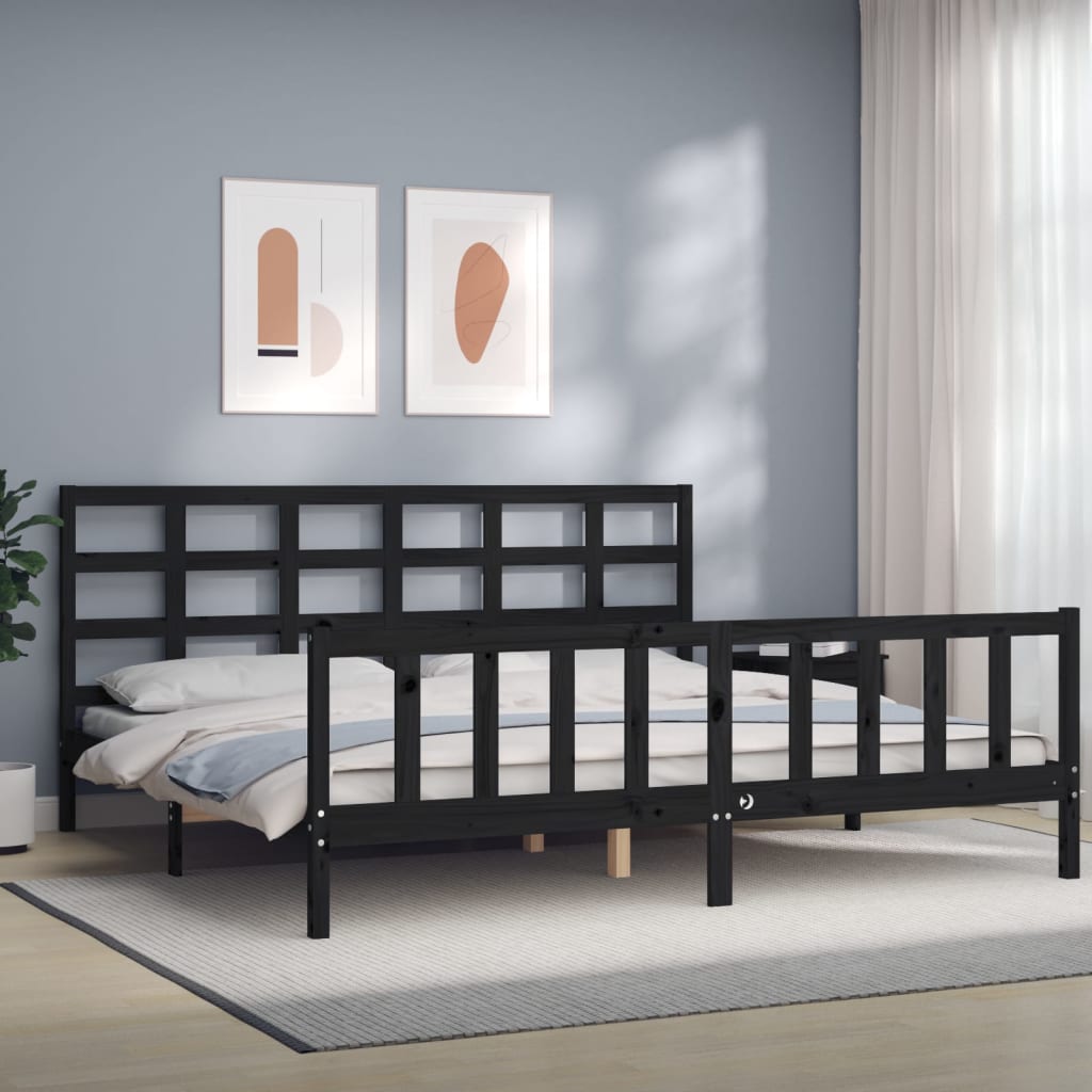 Rám Postele S Čelem Černý 200 X 200 Cm Masivní Dřevo