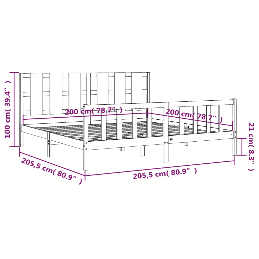 Rám Postele S Čelem Černý 200 X 200 Cm Masivní Dřevo