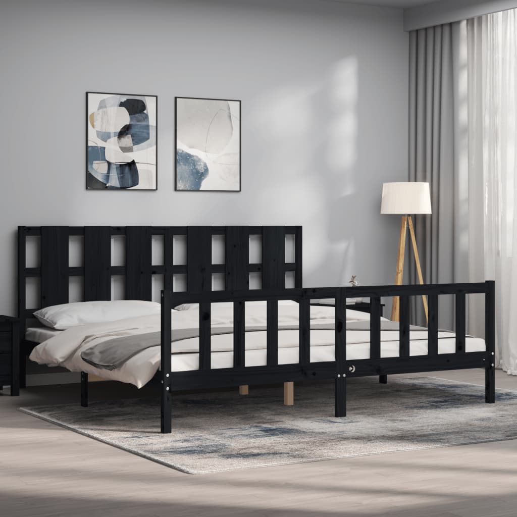 Rám Postele S Čelem Černý 200 X 200 Cm Masivní Dřevo