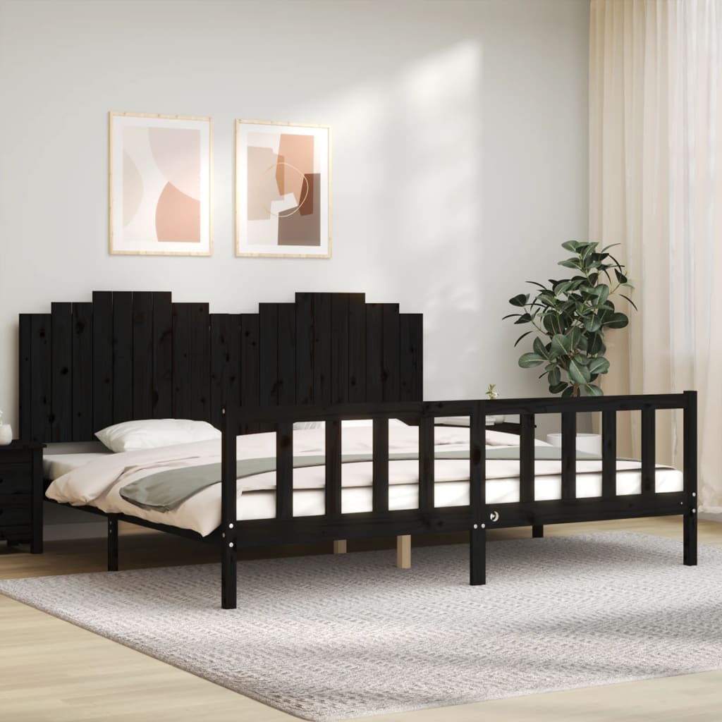 Rám Postele S Čelem Černý 200 X 200 Cm Masivní Dřevo