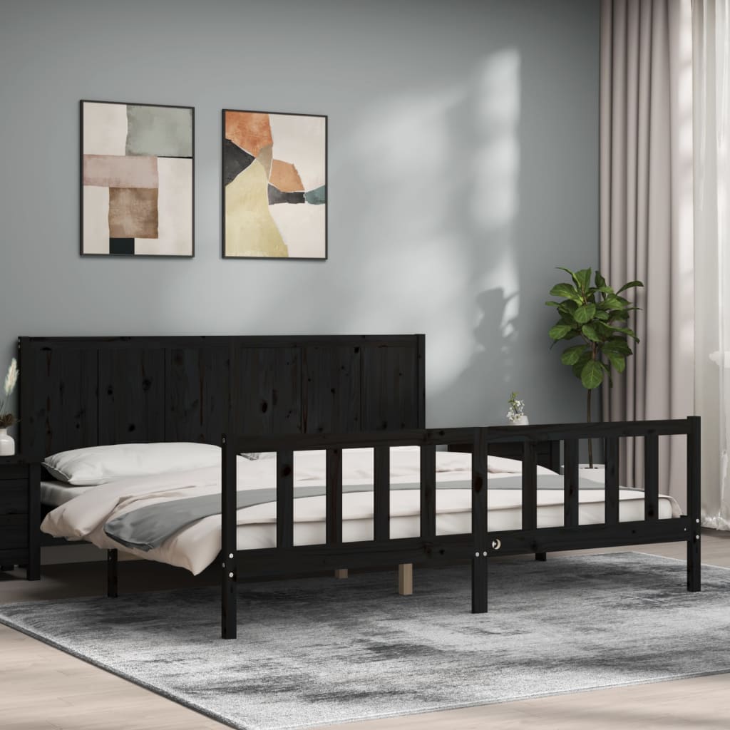 Rám Postele S Čelem Černý 200 X 200 Cm Masivní Dřevo