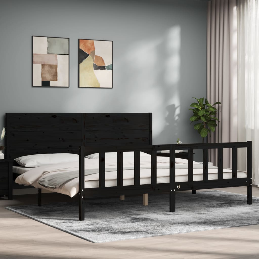 Rám Postele S Čelem Černý 200 X 200 Cm Masivní Dřevo
