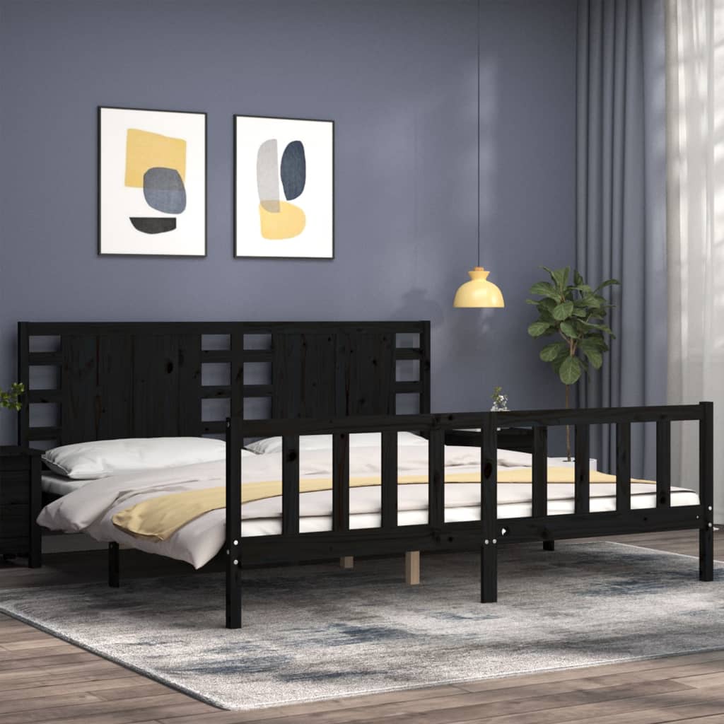 Rám Postele S Čelem Černý 200 X 200 Cm Masivní Dřevo