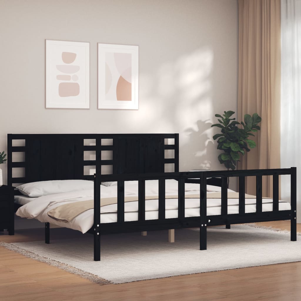 Rám Postele S Čelem Černý 200 X 200 Cm Masivní Dřevo