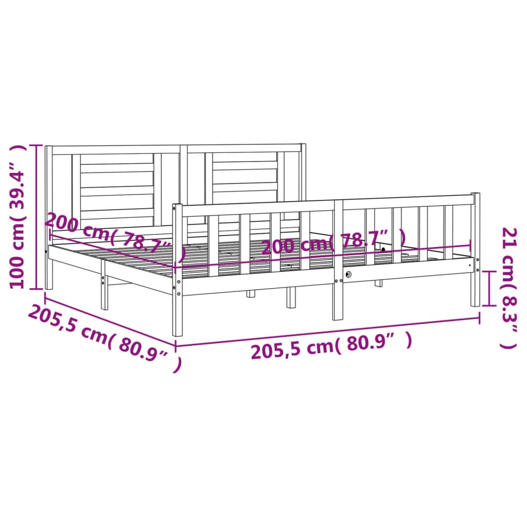 Rám Postele S Čelem Černý 200 X 200 Cm Masivní Dřevo