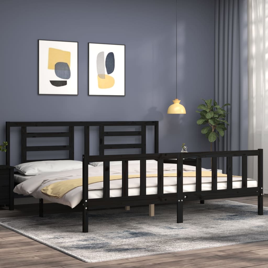 Rám Postele S Čelem Černý 200 X 200 Cm Masivní Dřevo