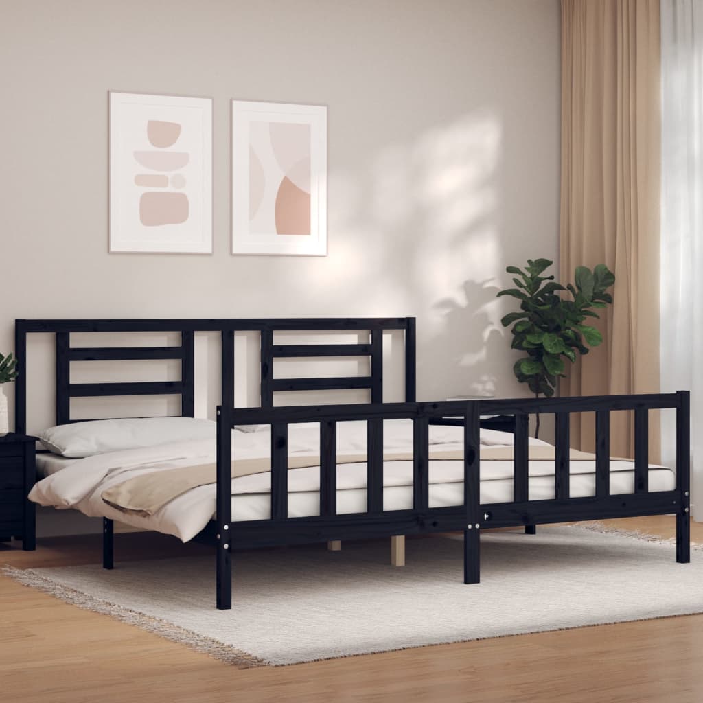 Rám Postele S Čelem Černý 200 X 200 Cm Masivní Dřevo