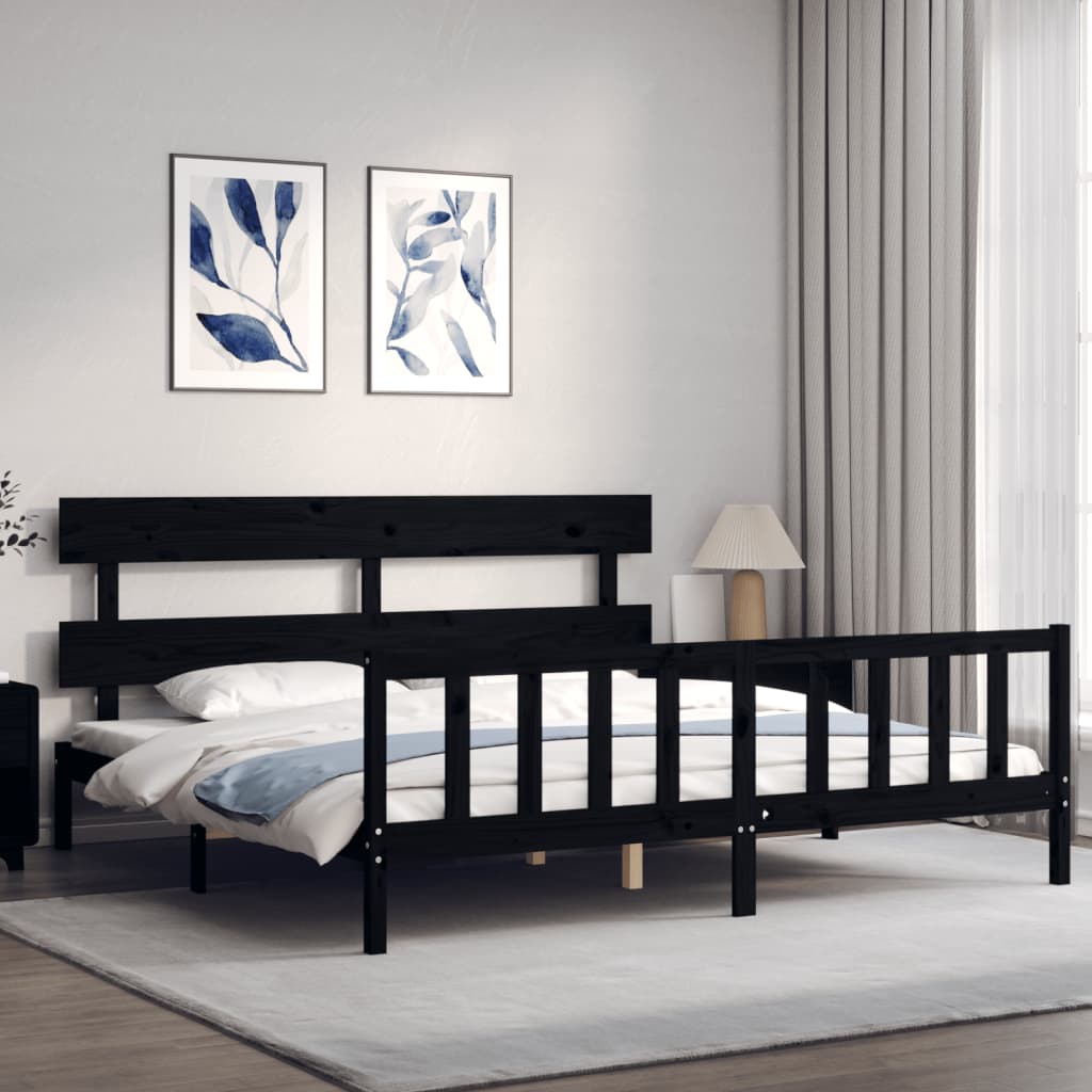 Rám Postele S Čelem Černý 200 X 200 Cm Masivní Dřevo