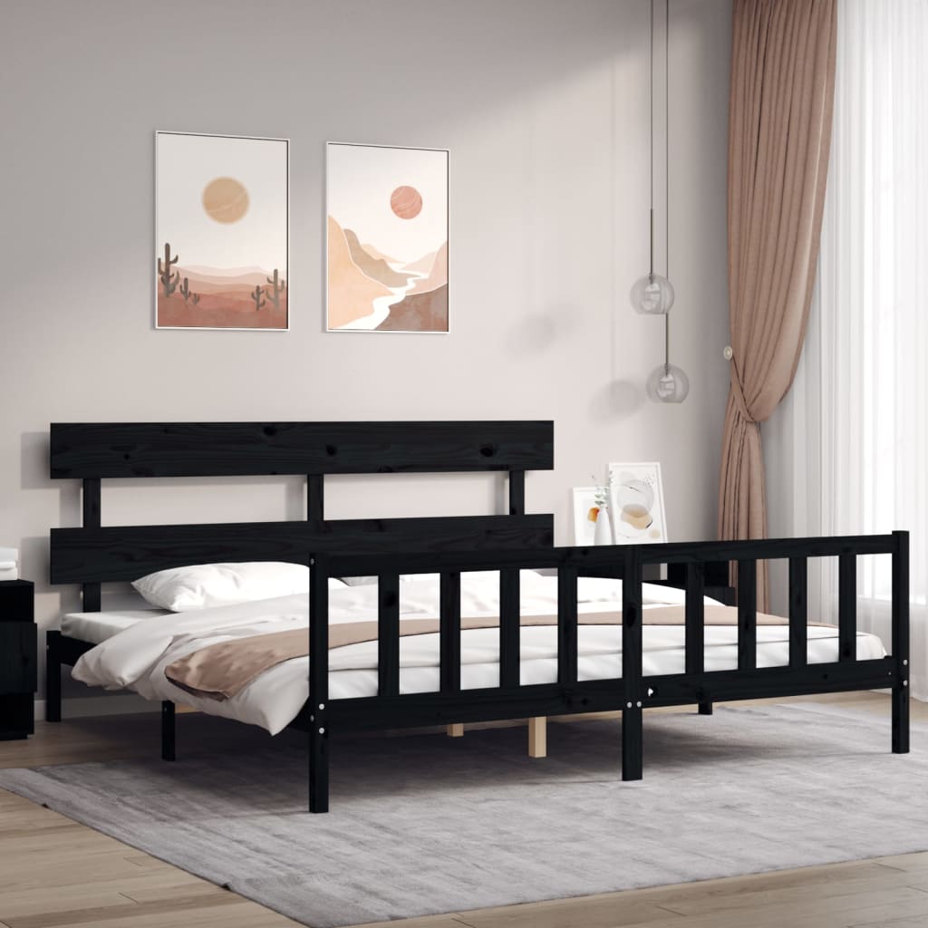 Rám Postele S Čelem Černý 200 X 200 Cm Masivní Dřevo