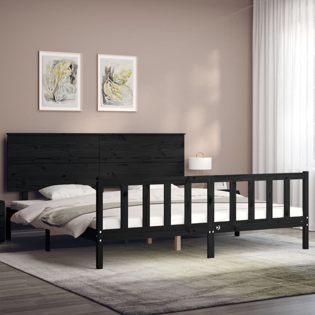Rám Postele S Čelem Černý 200 X 200 Cm Masivní Dřevo