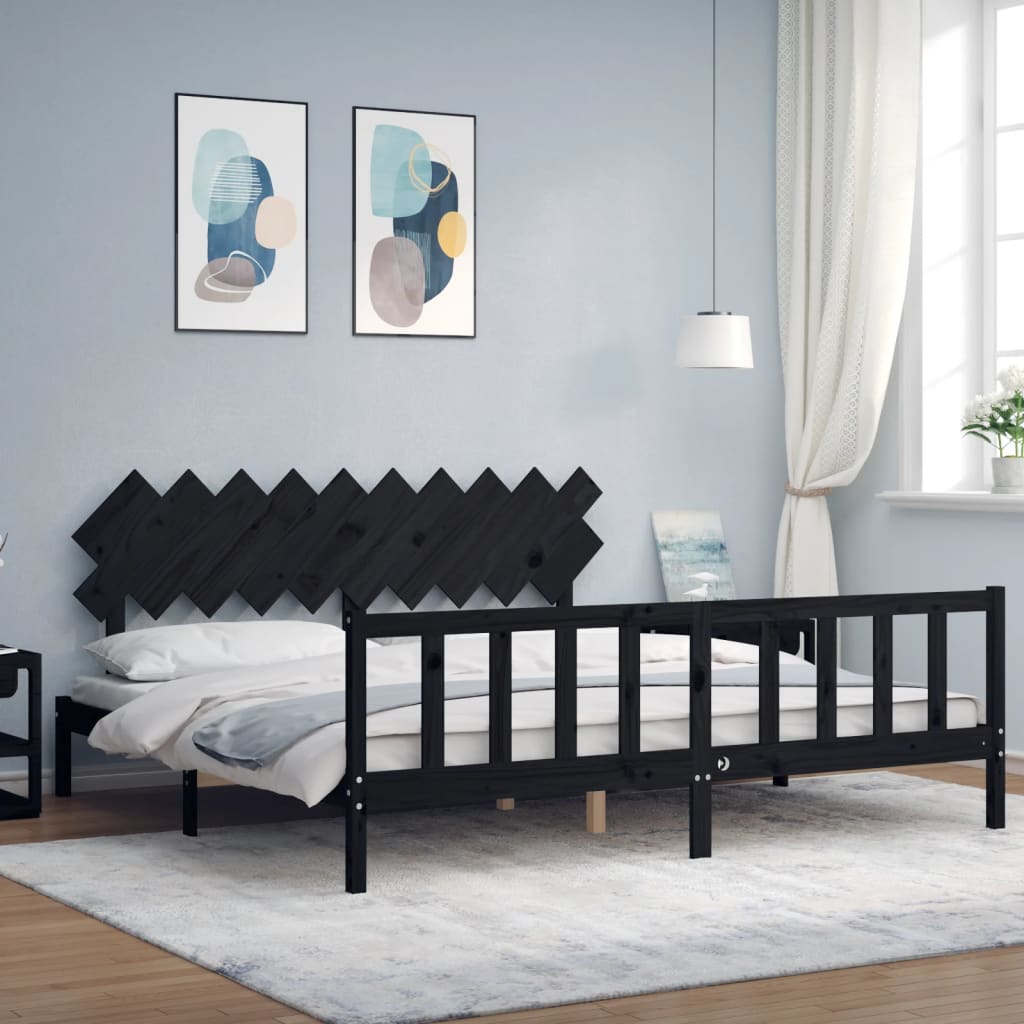 Rám Postele S Čelem Černý 200 X 200 Cm Masivní Dřevo