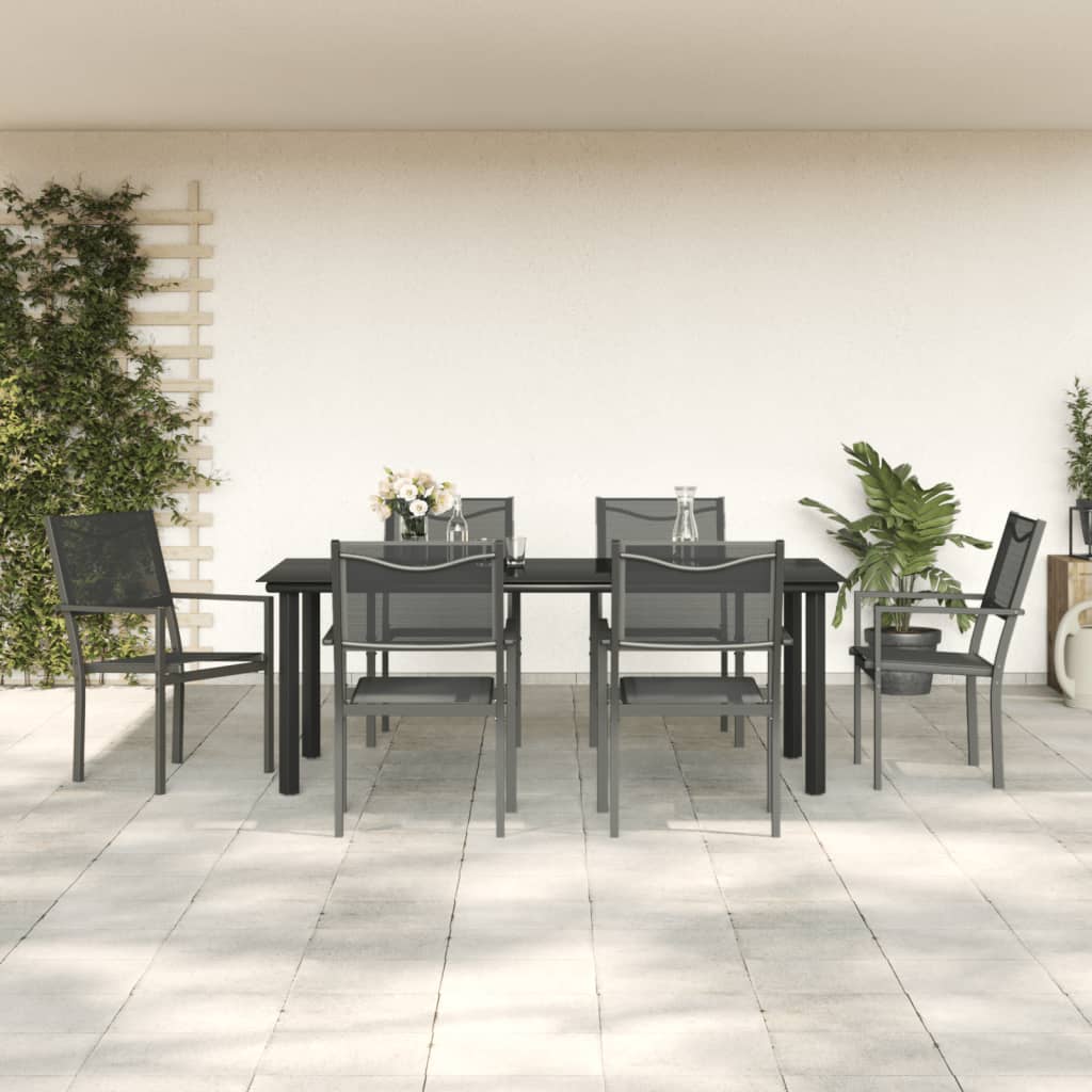 7Dílný Zahradní Jídelní Set Černý Ocel A Textilen