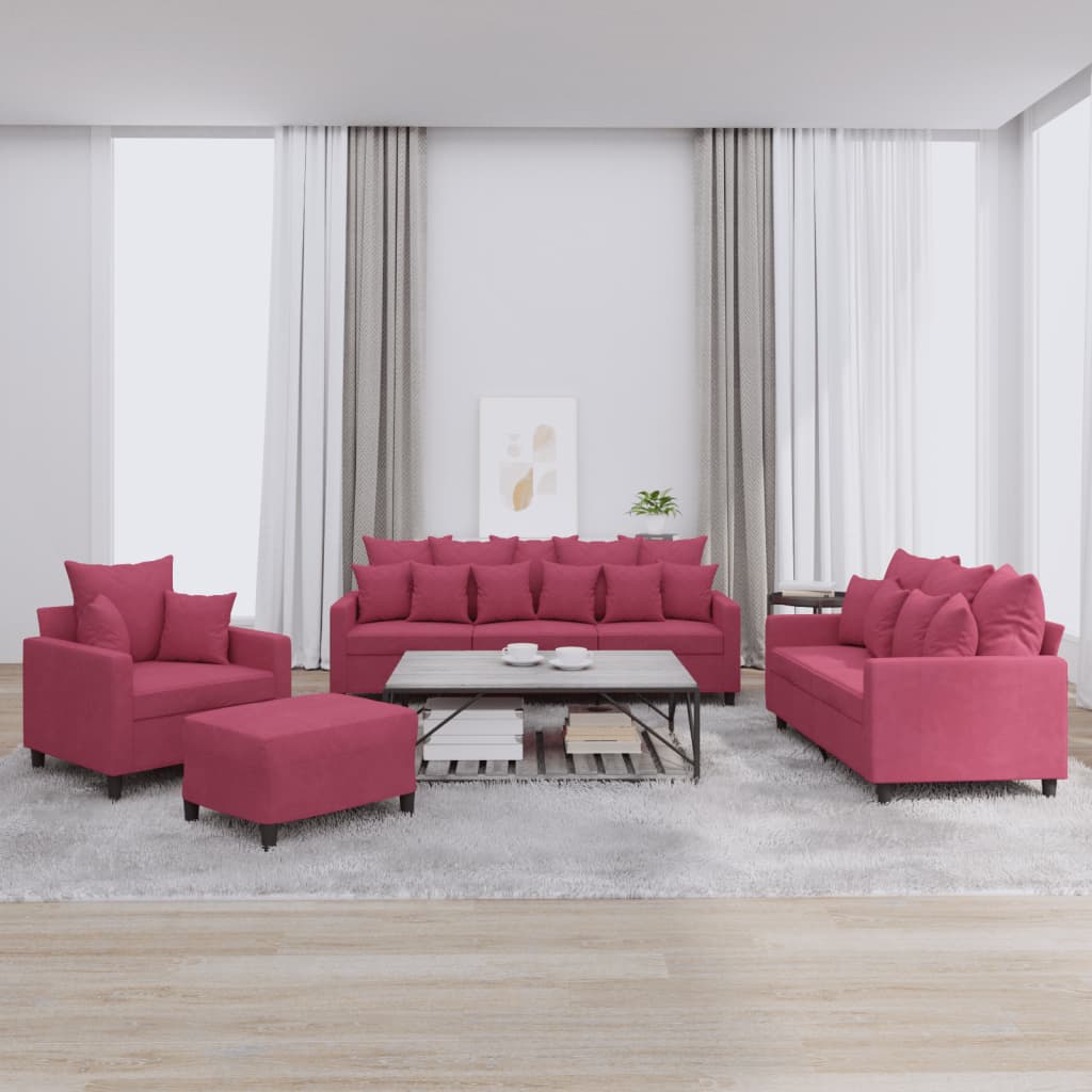 4Dílná Sedací Souprava S Poduškami Vínová Samet