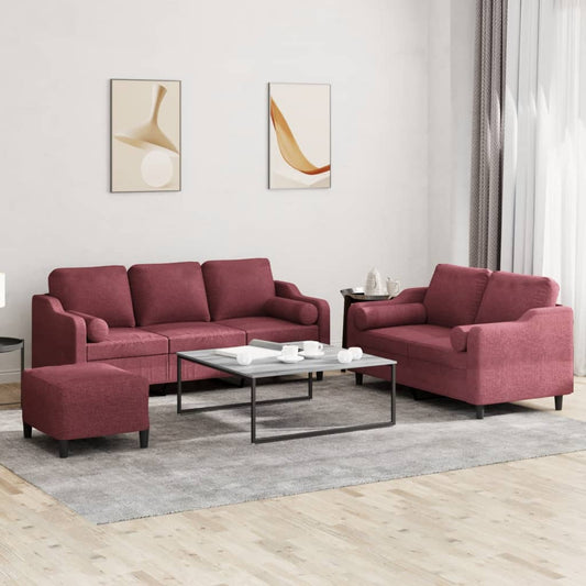3Dílná Sedací Souprava S Polštáři Vínová Textil