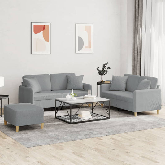 3Dílná Sedací Souprava S Polštáři Světle Šedá Textil