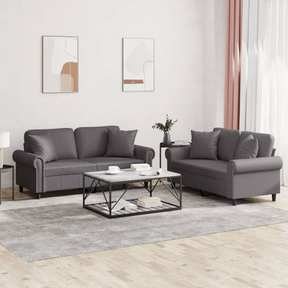 3Dílná Sedací Souprava S Poduškami Šedá Umělá Kůže