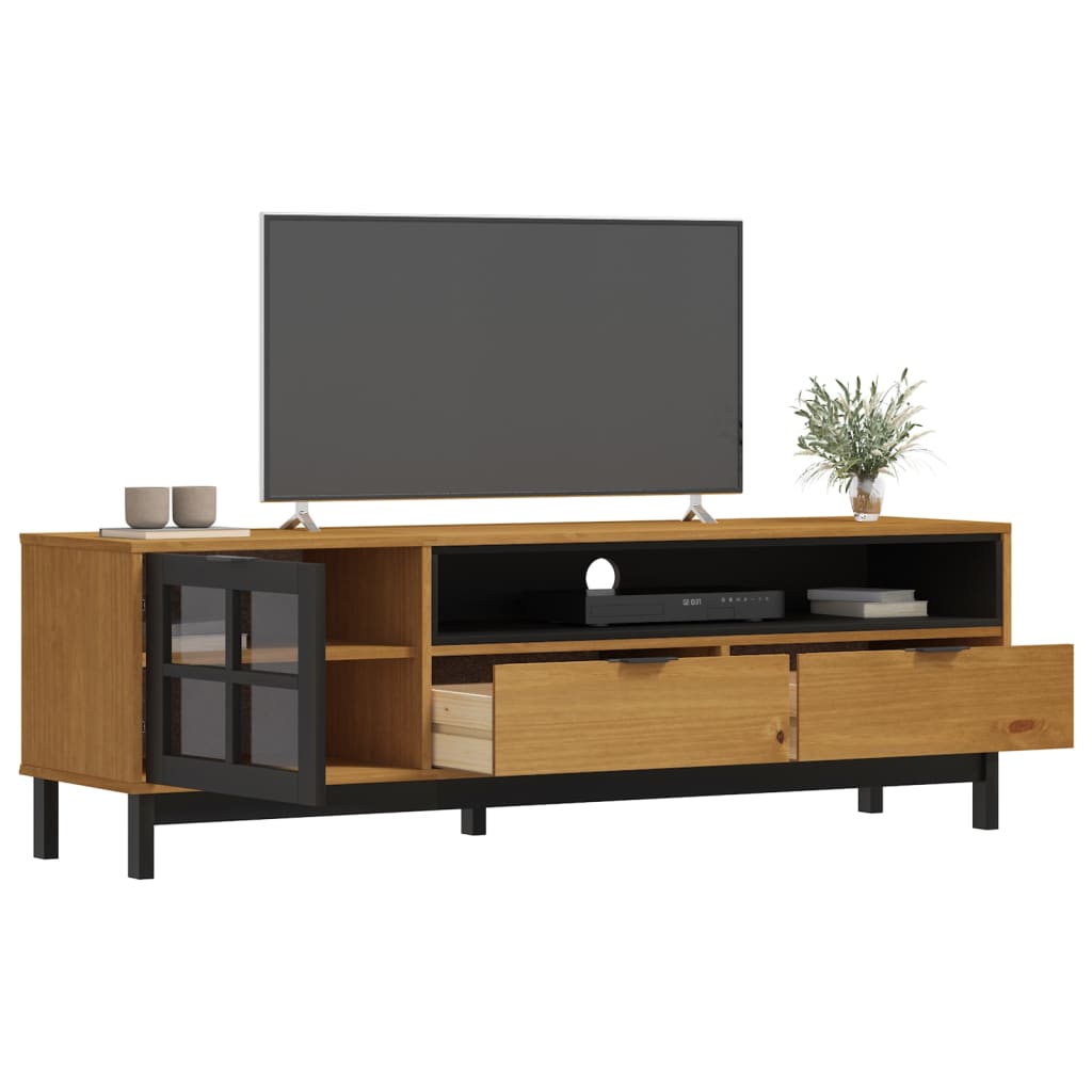 Tv Skříňka S Prosklenými Dvířky Flam 158X40X50 Cm Borové Dřevo Zelená A Bílá