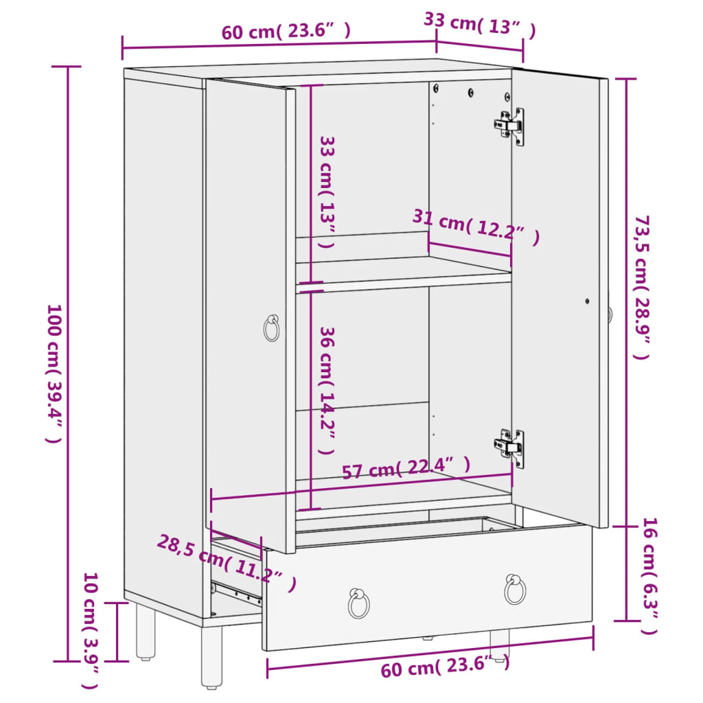 Skříň Highboard 60 X 33 X 100 Cm Masivní Mangovníkové Dřevo