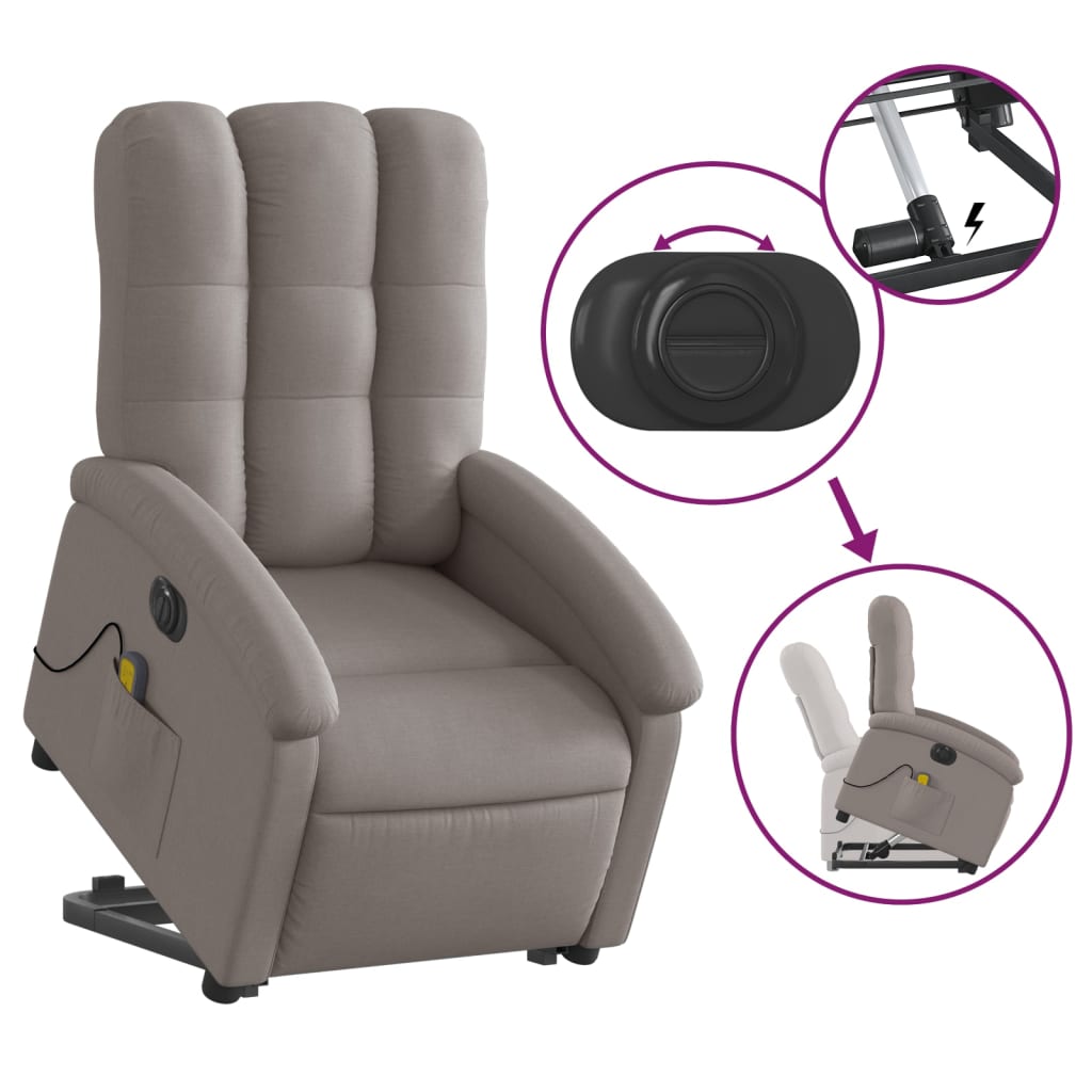 Elektrické Zvedací Masážní Polohovací Křeslo Textil Taupe