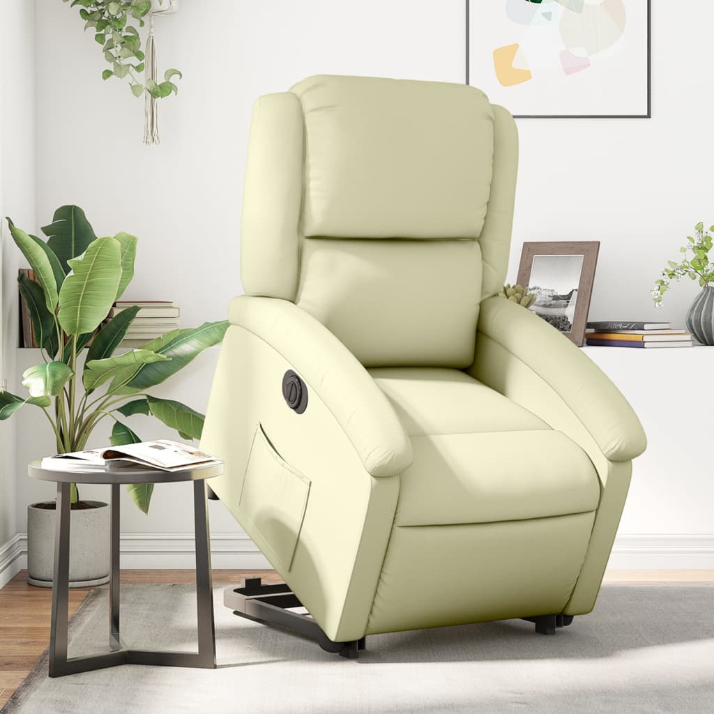 Elektrické Zvedací Polohovací Křeslo Krémové Pravá Kůže Krémová