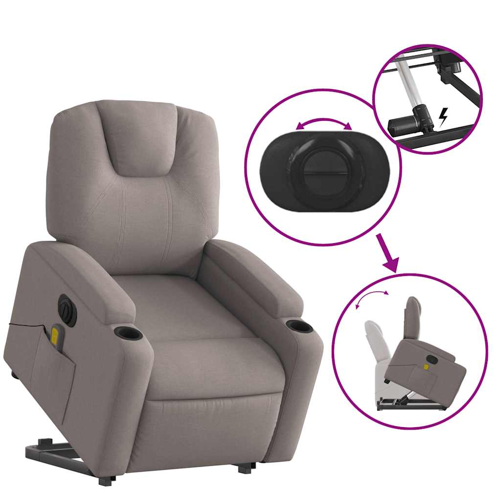 Elektrické Zvedací Masážní Polohovací Křeslo Textil Taupe